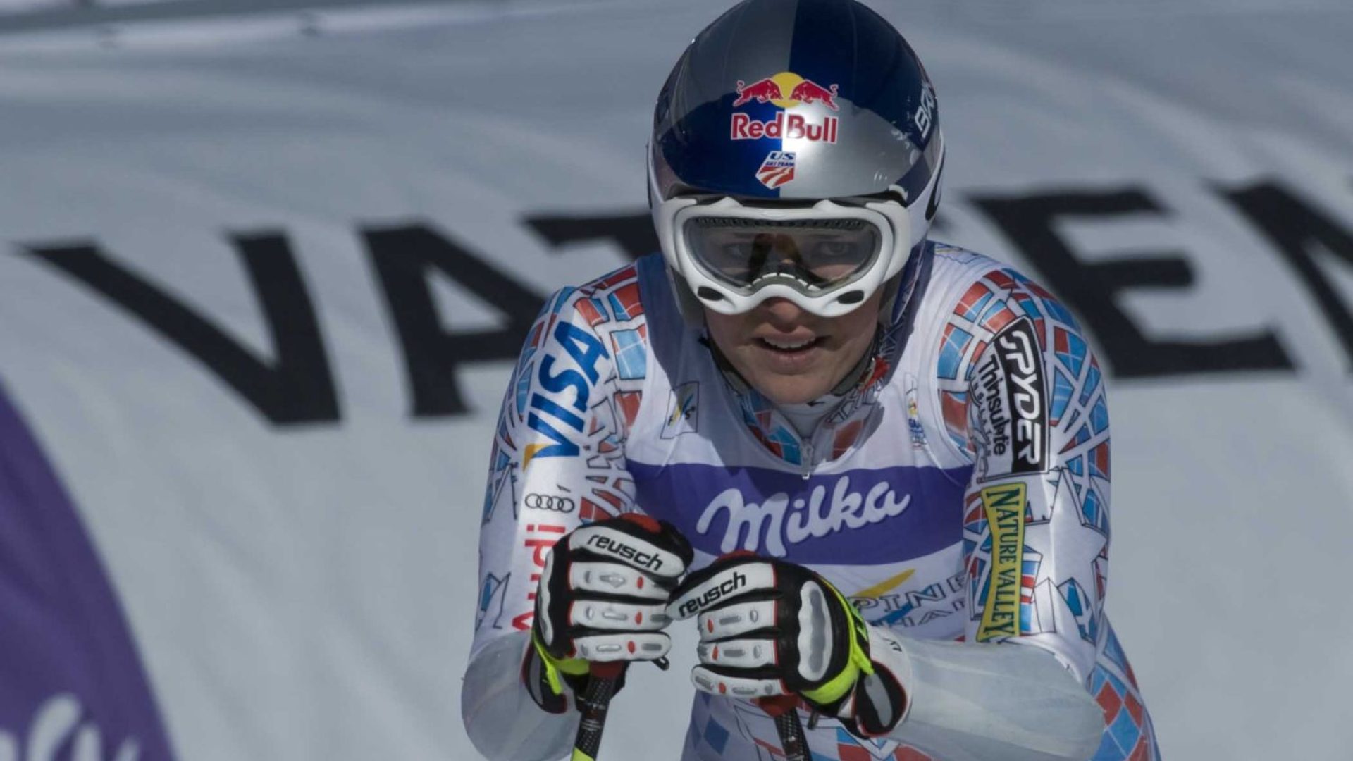 Lindsey Vonn racing the Super G of the World Championships at Garmisch.