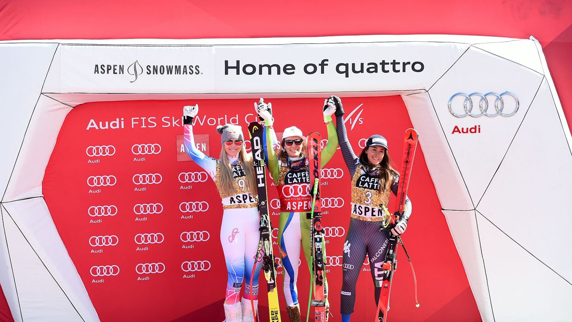 Lindsey Vonn of the USArace winner and Downhill World Cup winner Ilka Stuhec of SloveniaDownhill World Cup second placed Sofia Goggia of Italy