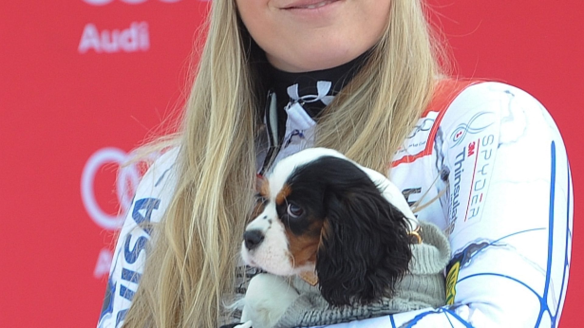 Lindsey Vonn (USA 3.Platz) mit Hund Lucy