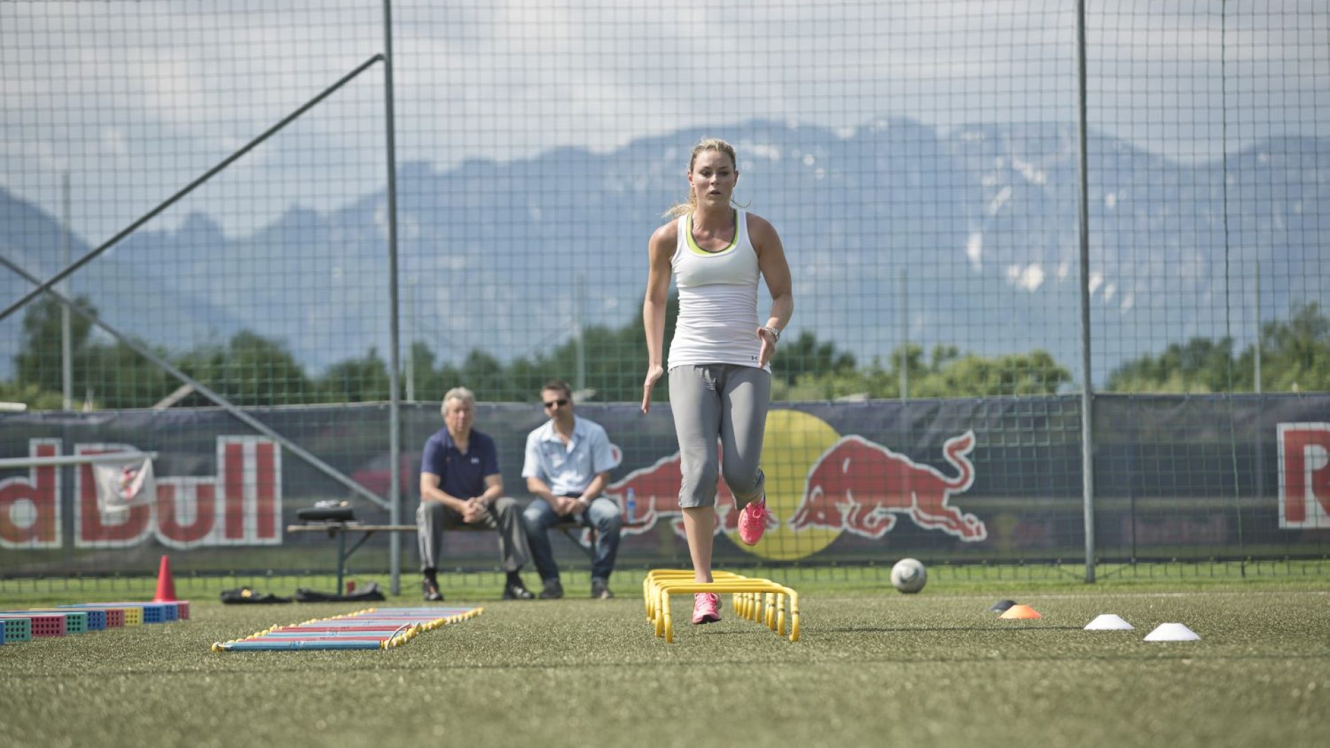 Robert Trenkwalder (Head of ASP Red Bull) observing Lindsey Vonn's training together with  women's US Ski team head coach Alex Hödlmoser, at the soccer training center in Taxham, Austria, on May 31st, 2012. // mirjageh.com/Red Bull Content Pool // P-20120604-00216 // Usage for editorial use only // Please go to www.redbullcontentpool.com for further information. //